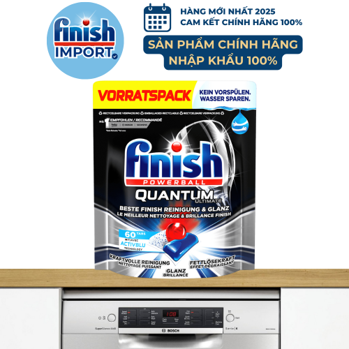 Túi 60 viên Finish Quantum Ultimate 2021, hàng Đức, siêu cao cấp, 16 tính năng, dành cho máy rửa chén 13-15 bộ